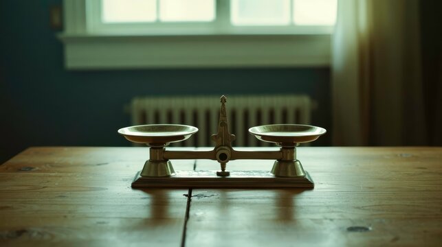 Vintage scales sit on a wooden table