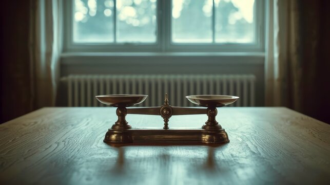 Vintage brass scale rests on wooden table