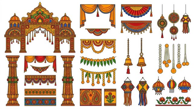 Set of traditional indian wedding decorations featuring ornate golden arches floral garlands hanging bells and festive fabric drapery elements
