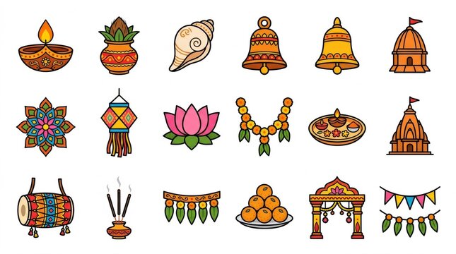 Set of colorful hand drawn indian festival icons featuring traditional religious symbols and decorative elements for cultural celebrations design