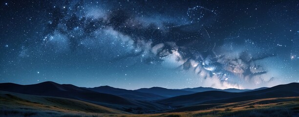 Fototapeta premium Wide panoramic view of starry night sky over dark rolling hills. Bright milky way galaxy stretches across deep blue cosmos. Peaceful nature landscape with glowing stars, nebula clouds. Dreamy
