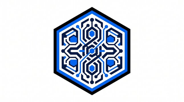 Blue hexagonal technology emblem containing intricate circuit-inspired geometric details, representing digital innovation, engineering, and advanced technology