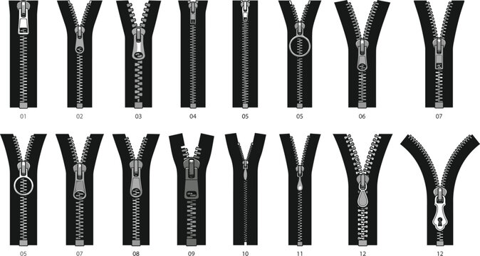 Metal and plastic clothing zippers collection showing various open closed pull tabs types for garment tailoring and fashion design