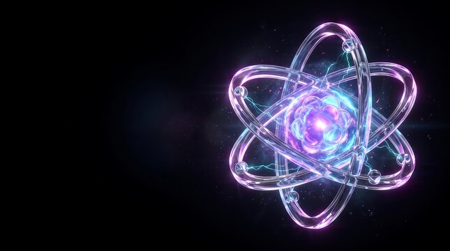 Glowing 3D atomic structure with neon pink and blue orbital rings around a central nucleus on a black background
