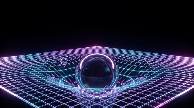 Abstract 3D render of spacetime curvature visualization with neon glowing grid and spheres representing gravity and general relativity