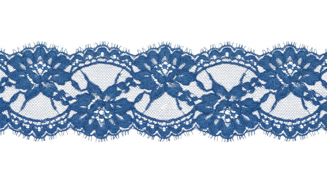 Elegant blue lace trim with floral pattern isolated on a clean white background for design