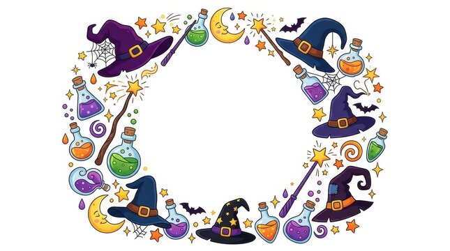Halloween themed circular frame featuring witch hats, magic wands, colorful potion bottles, crescent moons, and bats on a clean white background