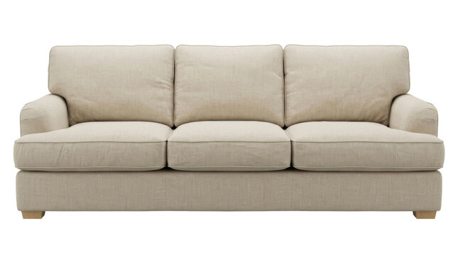 Modern three seater sofa with beige fabric upholstery isolated on a clean white background