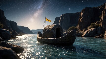 Fototapeta premium Primitive stone boat floats on shimmering river under starry night sky. Ancient carved vessel with yellow flag drifts through canyon water. Mythical stone raft travels along calm stream near