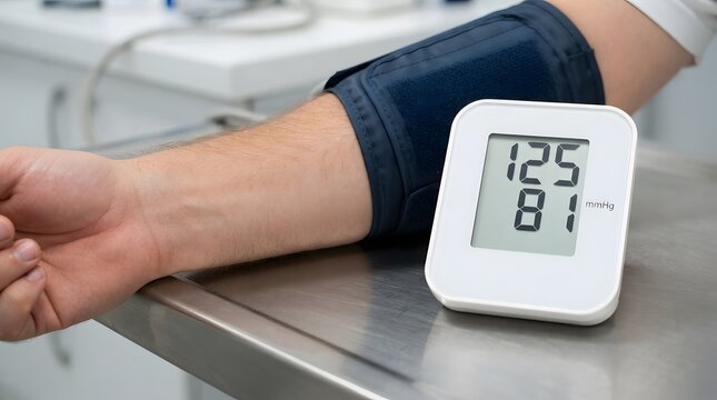 electronic blood pressure monitor screen showing numeric test results on medical table