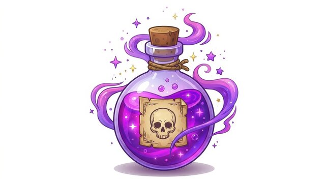Cartoon Magic Poison Potion Bottle with Glowing Purple Liquid, Skull Label, Cork Stopper, and Swirling Smoke Isolated on White Background