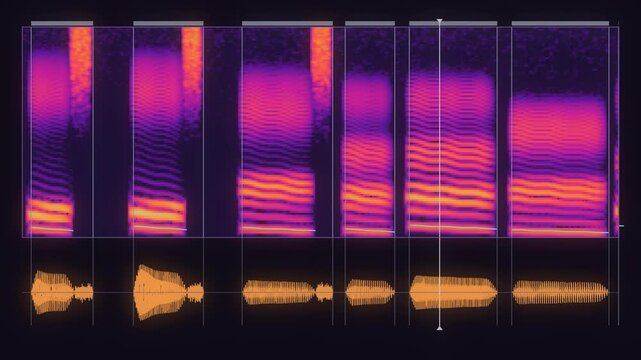 Speech Recognition Mel Spectrogram, Pitch Track, Waveform and Word Alignment, 4K Seamless Loop