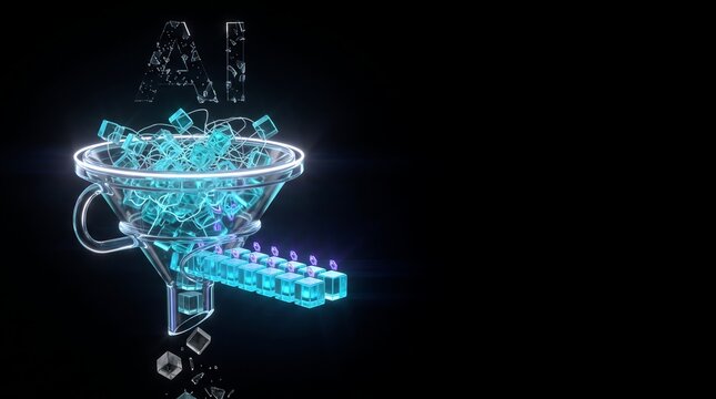 Artificial intelligence system processing big data through a glass funnel into organized digital blocks on a black background