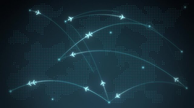 Glowing cyan flight route arcs with planes over a dotted world map