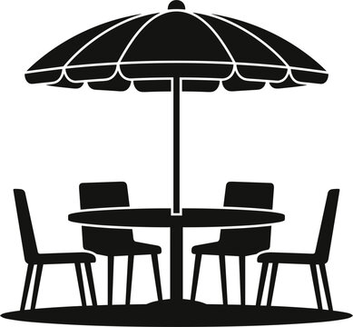 Backyard patio dining furniture set icon vector showing round table with central sunshade umbrella and four modern chairs