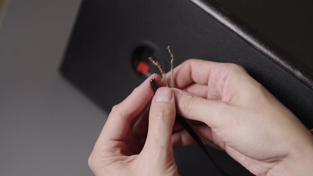 Close-up view of hands twisting copper strands of speaker wire before connecting it to back terminal of black audio speaker for sound system installation. Shooting in slow motion.