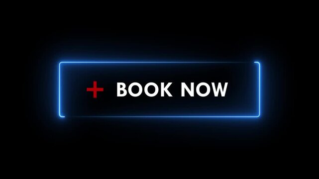 Neon glowing Book now button animation on transparent background. Book now button click animation. button with icon animation concept. Book now