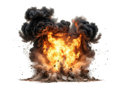 Powerful explosion with intense flames and thick black smoke against transparent background transparent background