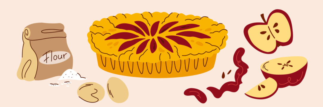 Rustic Apple Pie with Fresh Apples, Apple Slices and Baking Ingredients, Hand Drawn Autumn Kitchen Illustration for Homemade Recipe Books, Bakery Branding, Food Packaging and Seasonal Menus