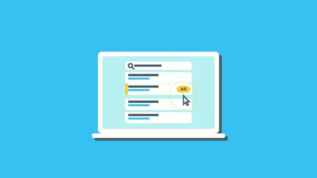 Animated Illustration of a Laptop Screen Displaying Search Engine Results and Clicking an Advertisement Icon on Blue Background
