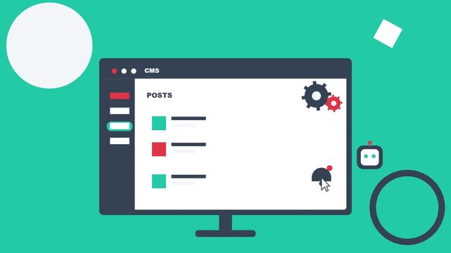 Content Management System CMS Dashboard Interface Animation with Website Administration Tools and AI Bot