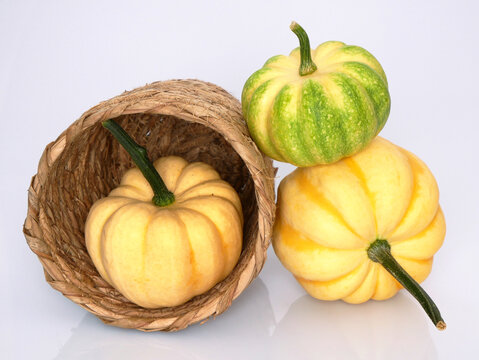 Three decorative gourds, two yellow and one green, are arranged on a white surface. One yellow gourd is inside a small woven basket.
