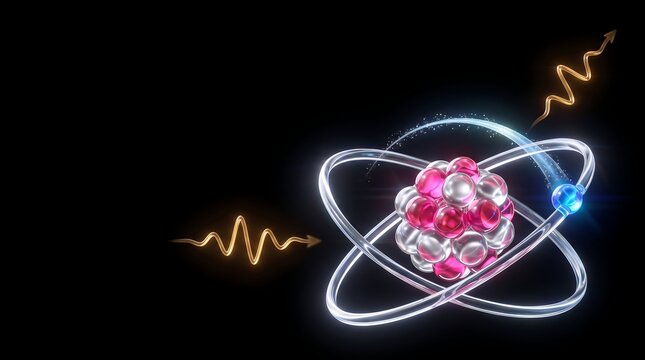 Scientific 3D render of an atom model with orbiting electrons and energy waves representing radiation or photon interaction on a black background