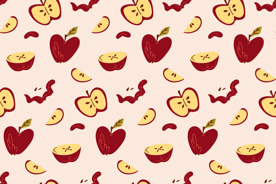 Seamless Autumn Apple Pattern with Red Fruit, Apple Slices, Seeds and Heart Shaped Motifs on a Warm Peach Background for Fabric, Textile, Wallpaper, Wrapping Paper and Food Packaging