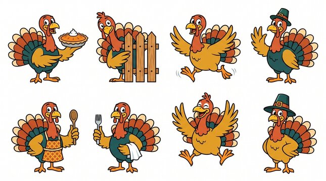 Cartoon turkey characters showing various poses and activities for thanksgiving celebrations in vibrant autumn colors