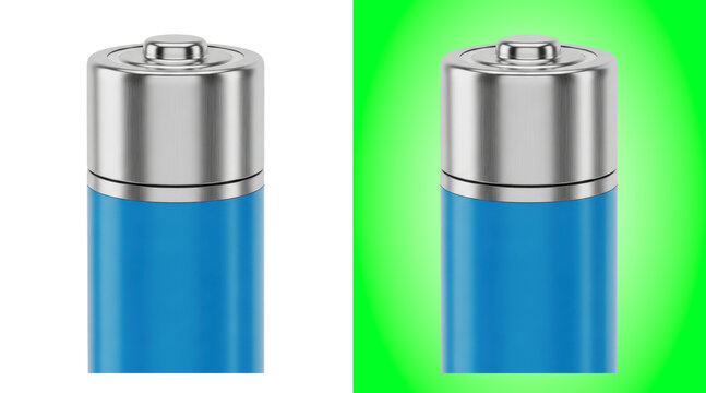 A single blue aa battery with a silver isolated on a white background, energy power cell
