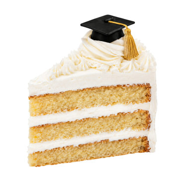 A single slice of layered vanilla cake topped with a miniature black graduation cap decoration