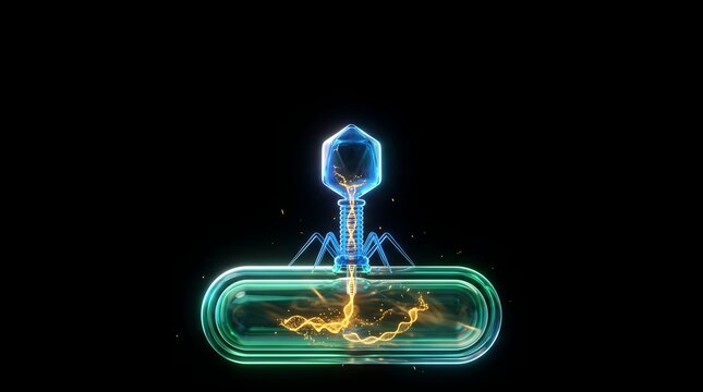 3D illustration of a bacteriophage virus injecting genetic material into a bacterium cell on a black background