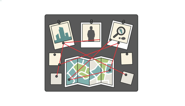 Detective investigation board featuring pinned polaroid photographs, a city map, and red string connecting clues.