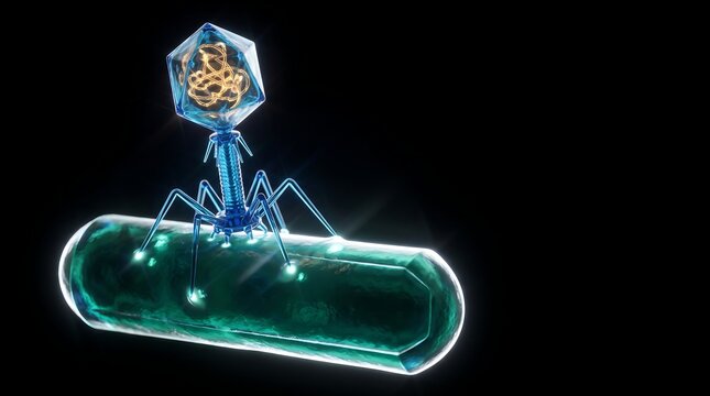 Microscopic 3D visualization of a bacteriophage virus infecting a rod-shaped bacterium against a black background