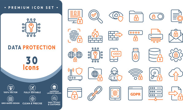 Data protection and cybersecurity thin line vector icon set featuring encryption, firewalls, secure servers, biometrics, and digital privacy symbols for web and app design