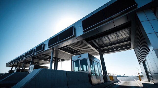 Low angle view of modern highway toll booth under bright blue sky. Metal structure with large electronic display screens covers road lanes. Automatic payment station, checkpoint infrastructure for