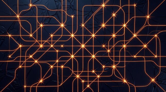 Abstract network of glowing orange lines and points on dark textured background, representing data transfer and interconnectedness