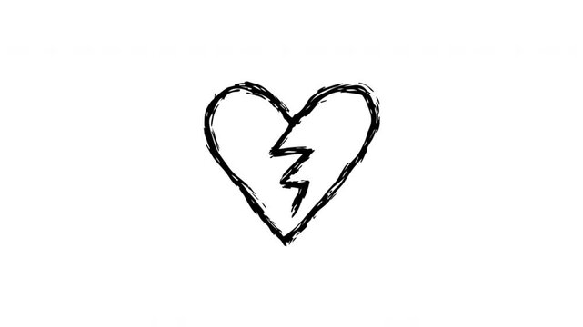 Broken Heart For Heartbreak And Relationship Loss Hand-Drawn Doodle Animation On Transparent Background. Heartbreak Symbol And Emotional Distress. Seamless Animated Icon. 4K Video Overlay Element.