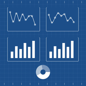 White technical charts and graphs on blueprint blue background