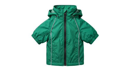 Bright green waterproof jacket for children with a detachable hood and reflective trim details © Ophelia