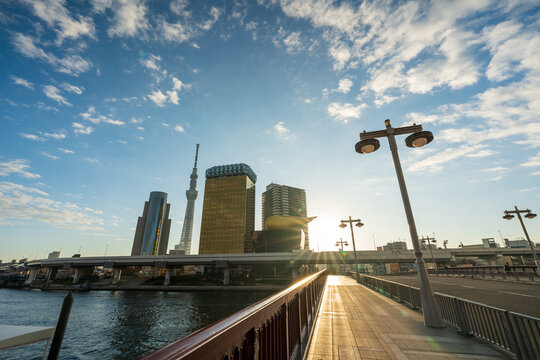 Tokyo Skytree tower and Asahi Beer Hall golden building skyline at sunrise. Sumida, Tokyo, Japan.