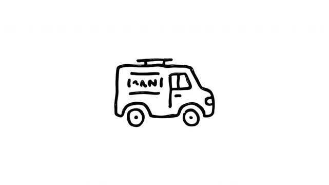 Food Truck For Mobile Catering And Street Food Service Hand-Drawn Doodle Animation On Transparent Background. Mobile Kitchen And Takeaway Business. Seamless Animated Icon. 4K Video Overlay Element.