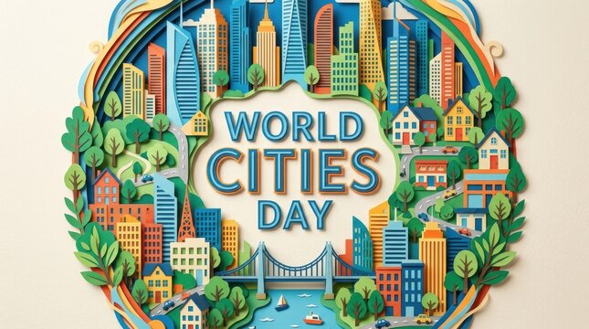 World cities day concept with paper cut buildings and text in a circular arrangement showcasing urban life