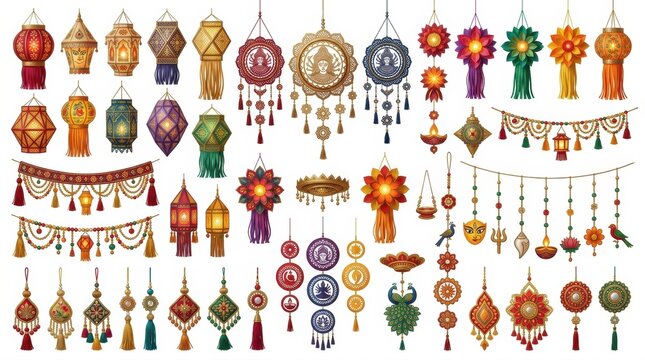 A vibrant and colorful assortment of traditional indian toran wall hangings and decorative door hangings perfect for celebrations and festive occasions