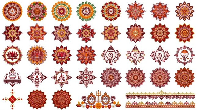 An assortment of detailed antique oriental rug medallions and decorative border designs featuring rich warm earth toned colors