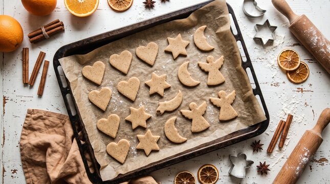 Unbaked gingerbread cookies in different holiday shapes arranged on a baking sheet with tray parchment paper christmas raw food