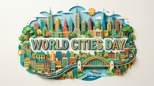 A vibrant paper art collage beautifully illustrates iconic landmarks from around the globe in celebration of world cities day