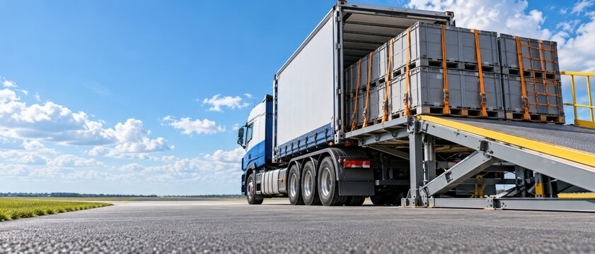 Large semi trailer truck loaded with cargo containers being unloaded on portable ramp under clear blue sky with white clouds.