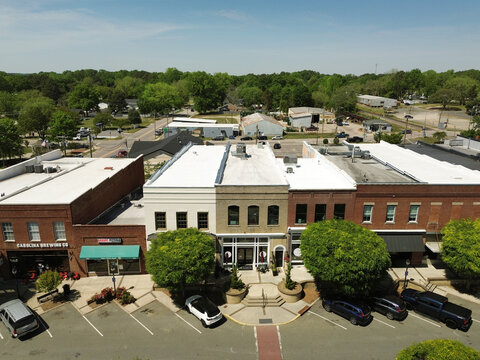 Wendell, NC - USA - 4-14-2026: Aerial view of shops and restaurants in downtown Wendell, a fast growing town East of Raleigh in Wake County