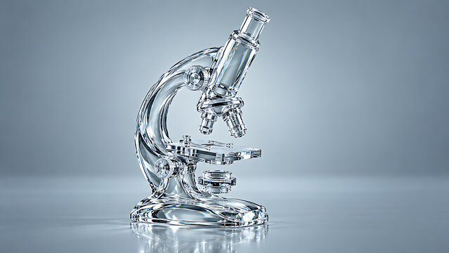 Transparent glass microscope model on reflective pale blue studio surface, elegant scientific research symbol for laboratory innovation, optics and medical technology.